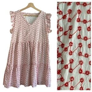 Compania Fantastica White Red Floral Embroidered Eyelet Flutter Sleeve Dress L